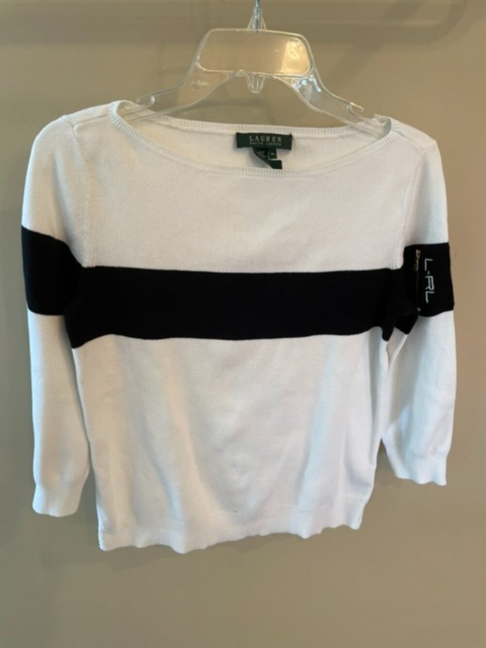 Women's Ralph Lauren Cotton Sweater in white and black, 3/4 sleeves